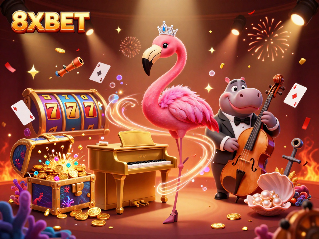 Win big with 8XBET at a vibrant casino scene featuring colorful games and lively characters.