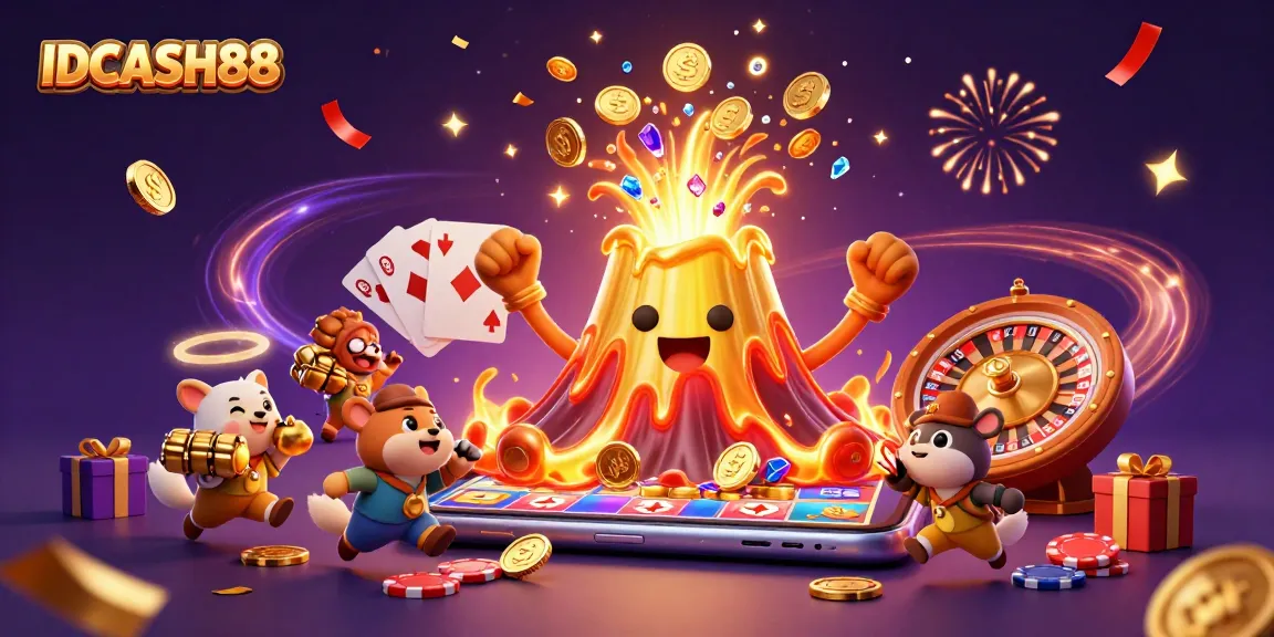 Experience the excitement of IDCASH88 with a vibrant casino-themed illustration featuring treasures and games.