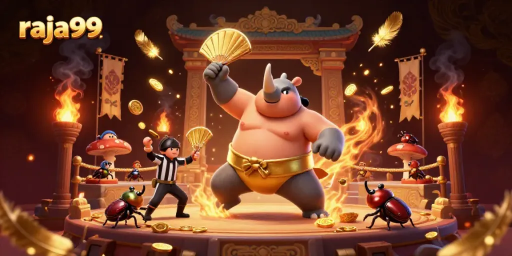 Witness the excitement of raja99 with a dynamic 3D illustration showcasing an epic casino battle scene.