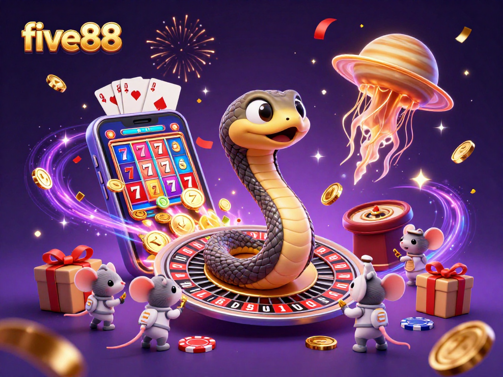 Bet big at five88 with cosmic fun featuring a roulette planet and astronaut mice in a colorful gambling scene.