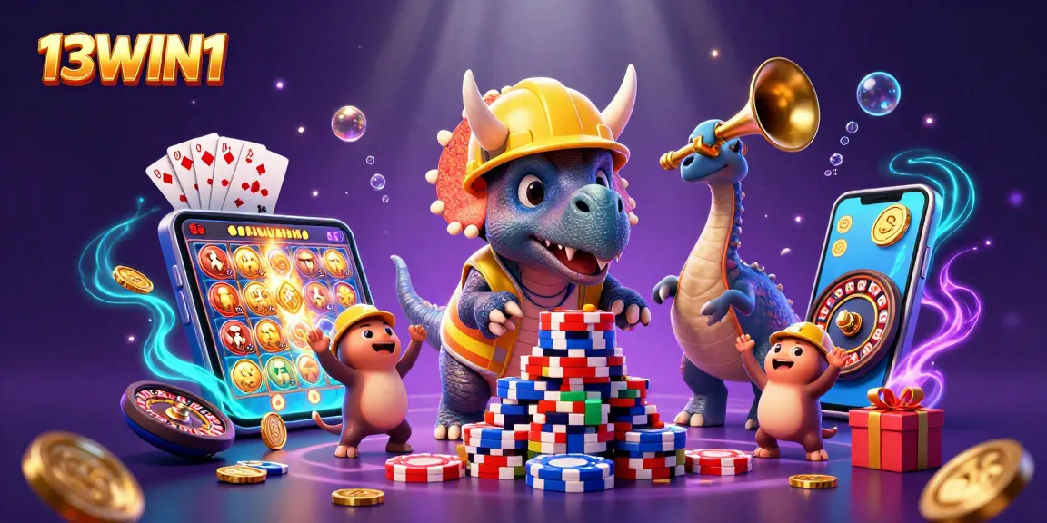 Engage with 13WIN1's thrilling casino action featuring characters celebrating over poker chips.