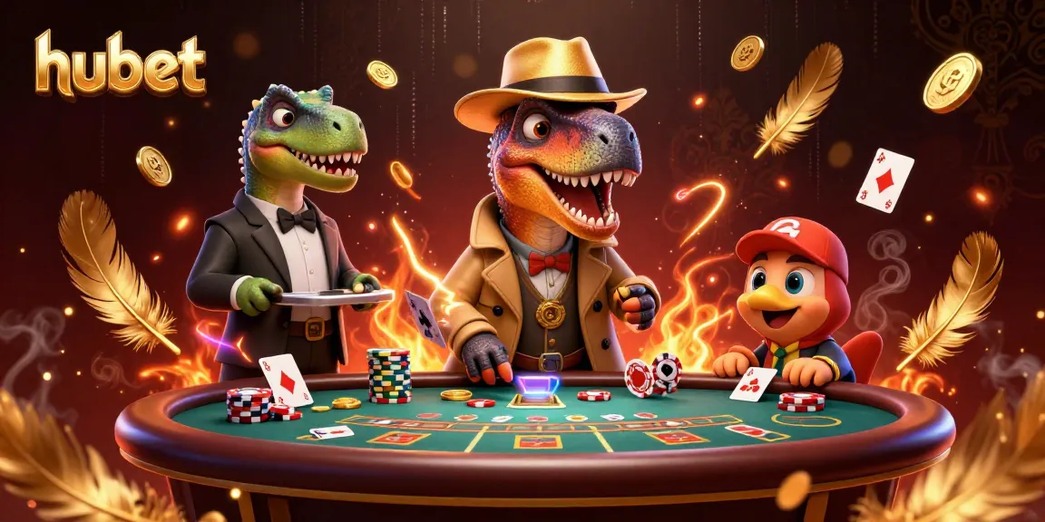 hubet showcases a lively 3D casino scene with a velociraptor card counter and friends.