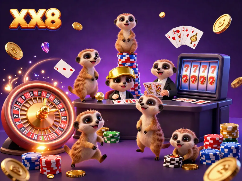 Experience XX8's lively casino with meerkats running gaming operations and spinning roulette.