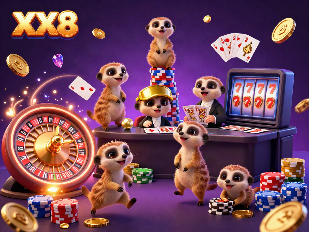 Experience XX8's lively casino with meerkats running gaming operations and spinning roulette.