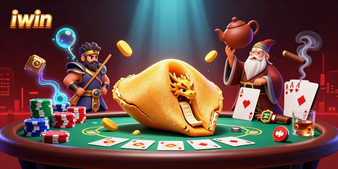 Play iwin at a vibrant casino scene featuring a golden fortune cookie and strategic poker elements.