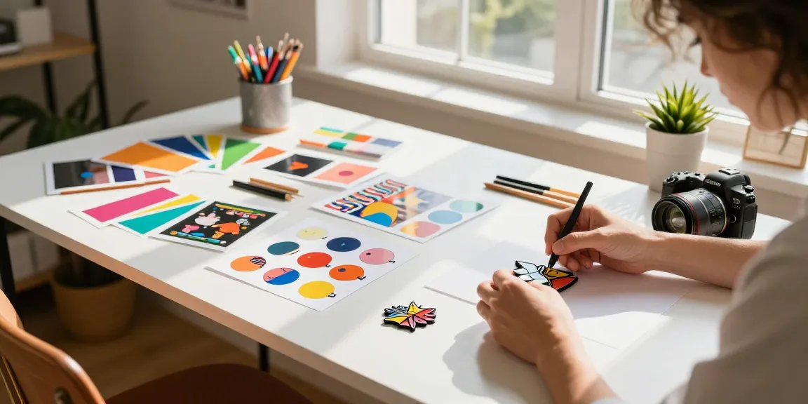 Custom acrylic pins being designed in a vibrant studio setting with creative tools and materials.