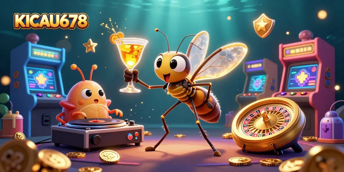 KICAU678 showcases interactive gaming fun with a cartoon mosquito mascot, vivid arcade elements, and casino excitement.