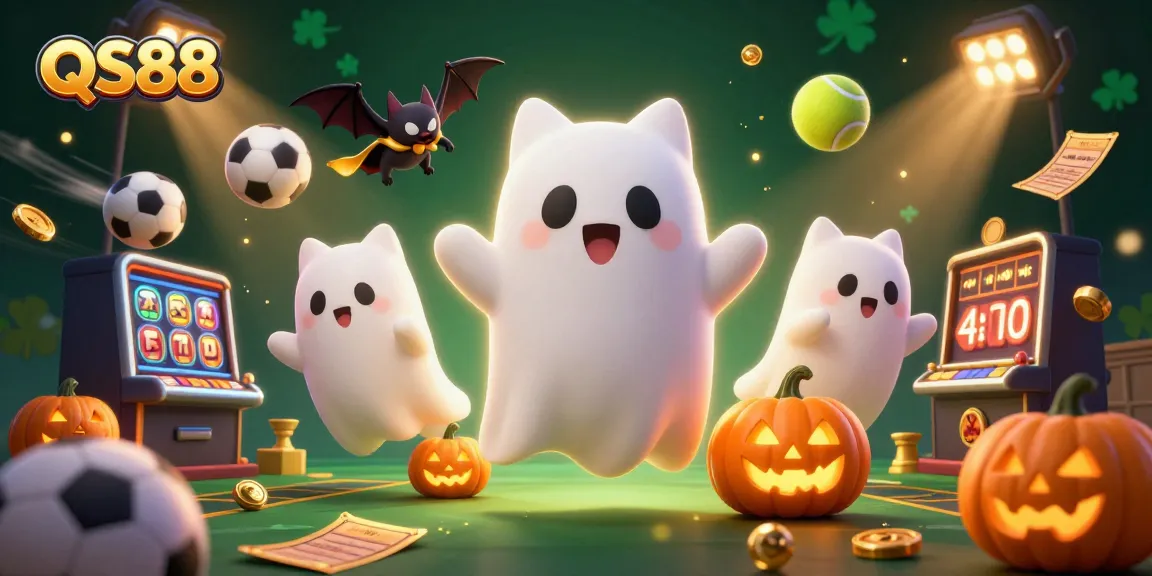 Engage with the thrilling atmosphere of QS88 as the ghost cat and bat companion explore a haunted casino.