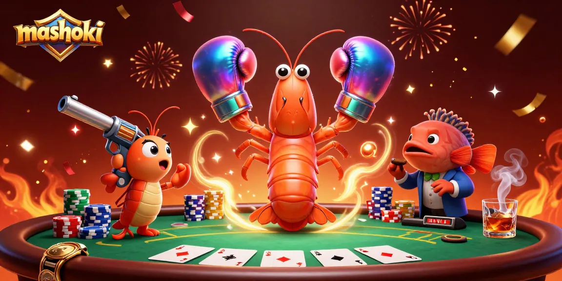 Engage with mashoki's vibrant casino atmosphere featuring lively shrimp characters and poker excitement.
