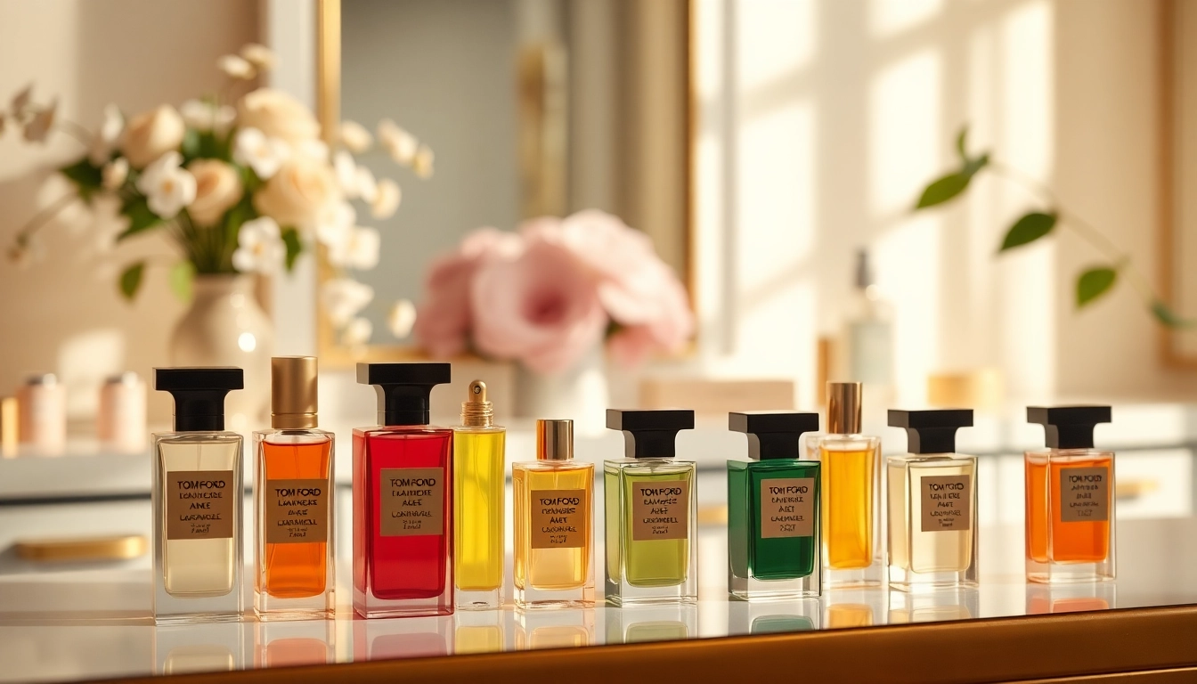 Showcase of Tom Ford samples on a luxurious vanity table, highlighting elegance and quality.
