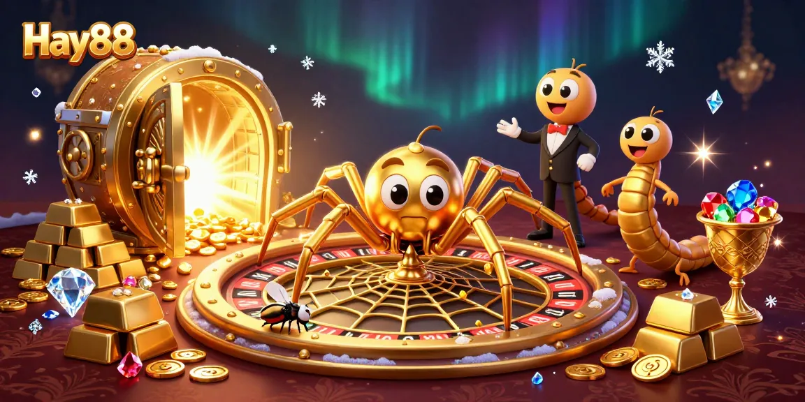 Bet with Hay88 at an online casino, featuring a spider spinning a roulette web and a croupier.
