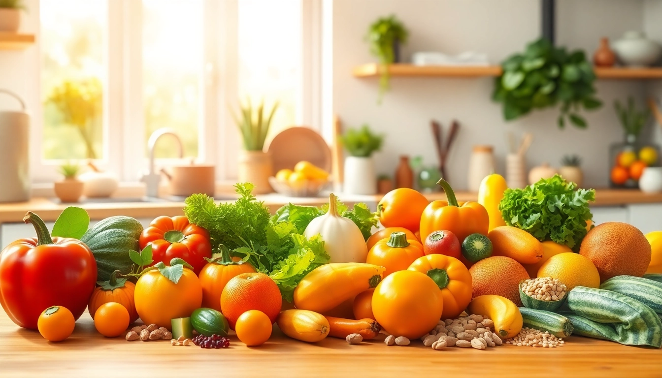 Fresh table layout showcasing a fertility diet with vibrant fruits and vegetables, encouraging healthy eating.