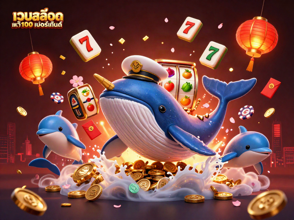 Play lucky slots at เว็บสล็อต แท้ 100 เปอร์เซ็นต์ with vibrant 3D characters celebrating among coins.