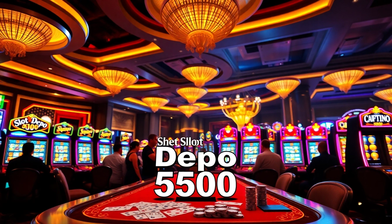 Menangkan Slot Depo 5000 di meja permainan kasino yang ramai dan berwarna-warni.