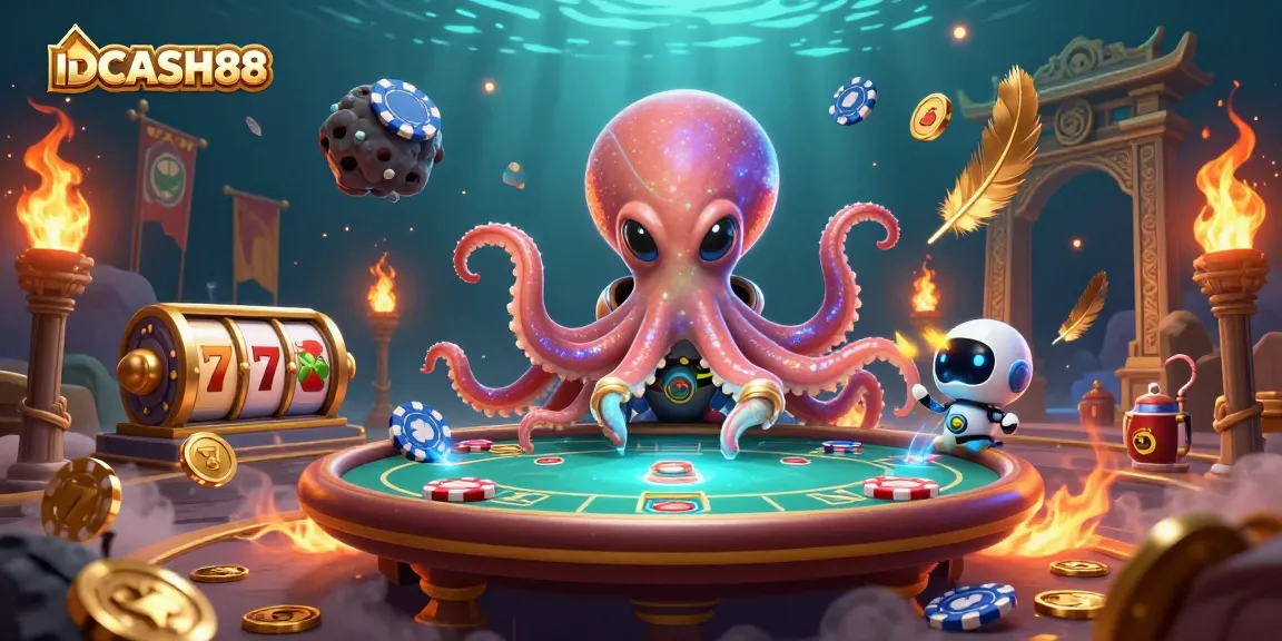 Experience thrilling gameplay at IDCASH88 with an exciting scene featuring a playful alien octopus at a holographic poker table.