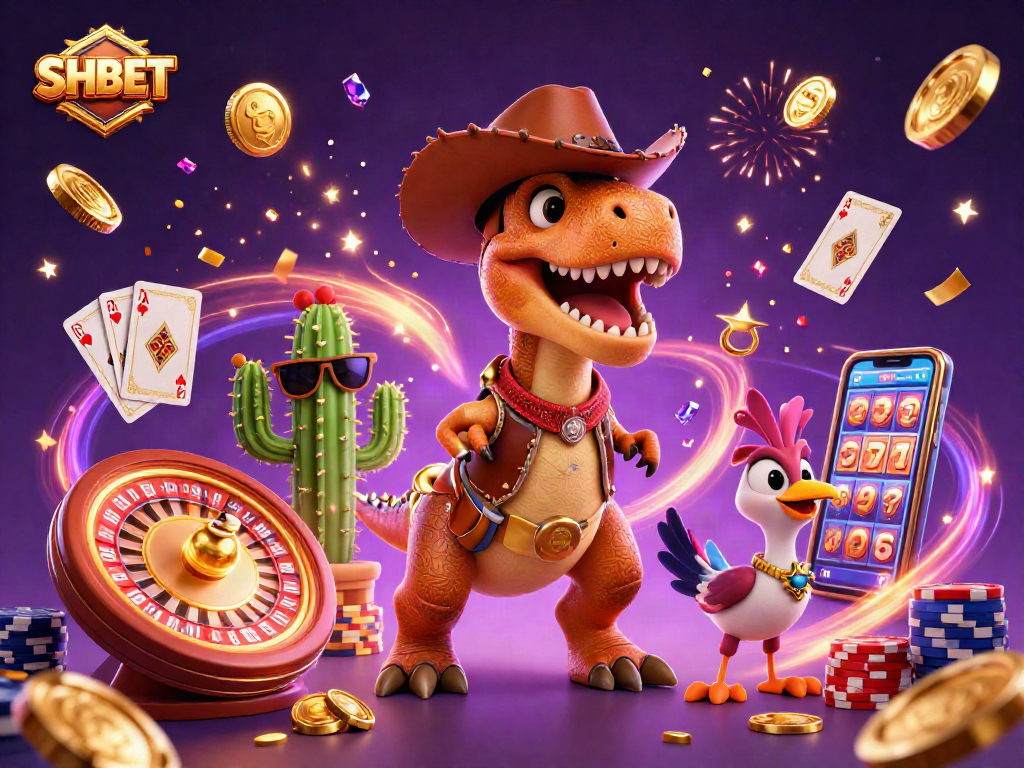 Join SHBET's dynamic gaming scene with a cowboy dinosaur, showcasing exciting casino elements.