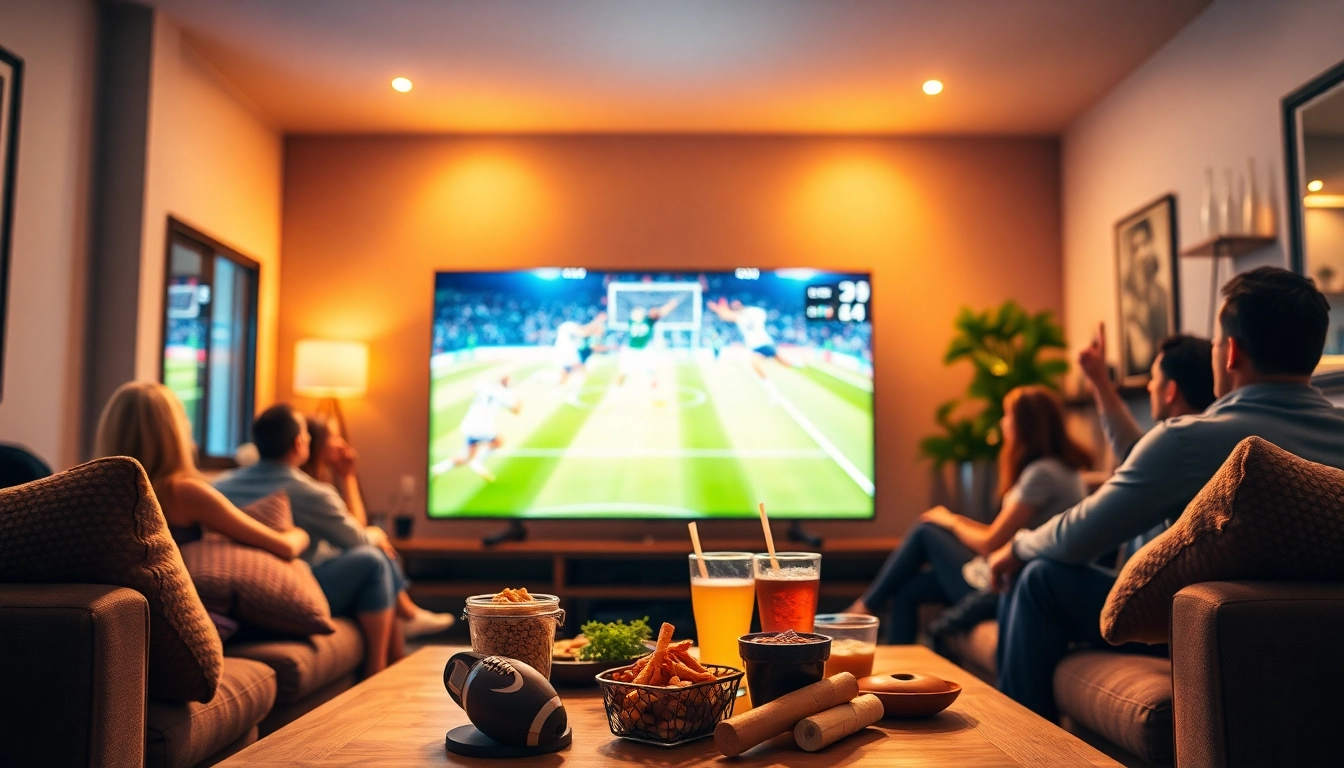 Menyaksikan live steraming bola gratis di ruang tamu yang nyaman dengan penonton antusias.