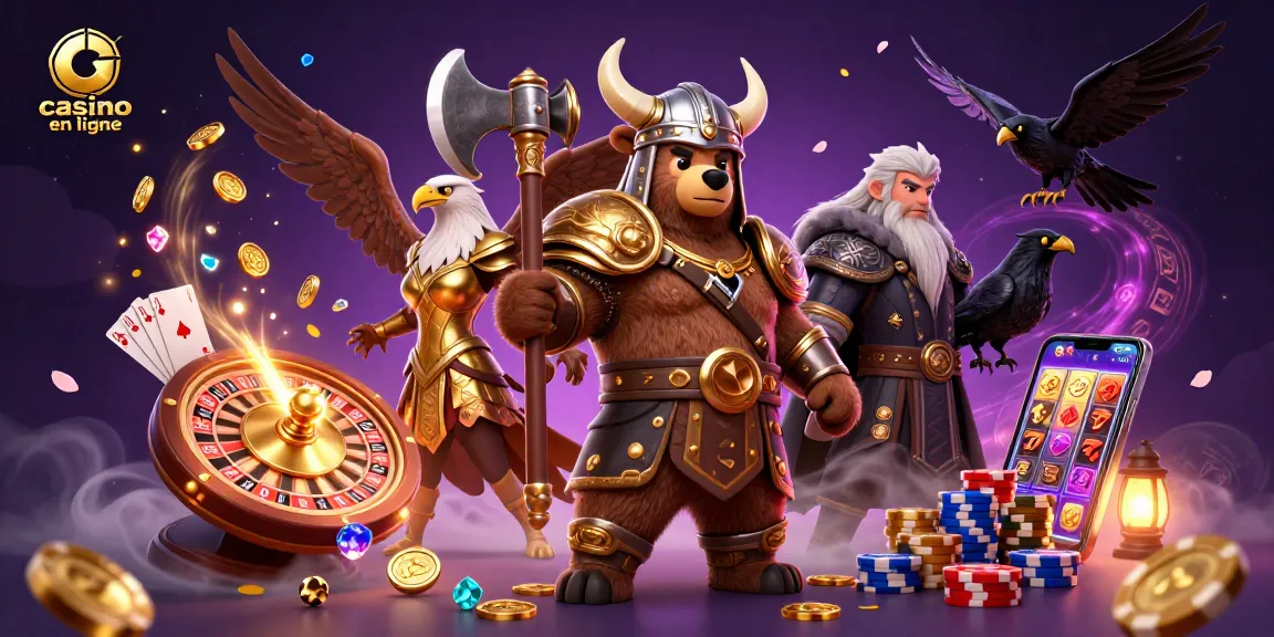 Casino en ligne : Illustration dynamique de personnages mythologiques avec éléments de jeu d'argent.