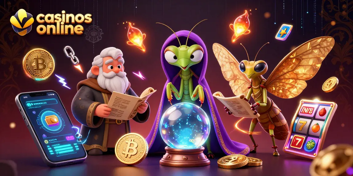 Disfruta de los casinos online con esta vibrante ilustración 3D que muestra una mantis y una polilla con elementos de juego.