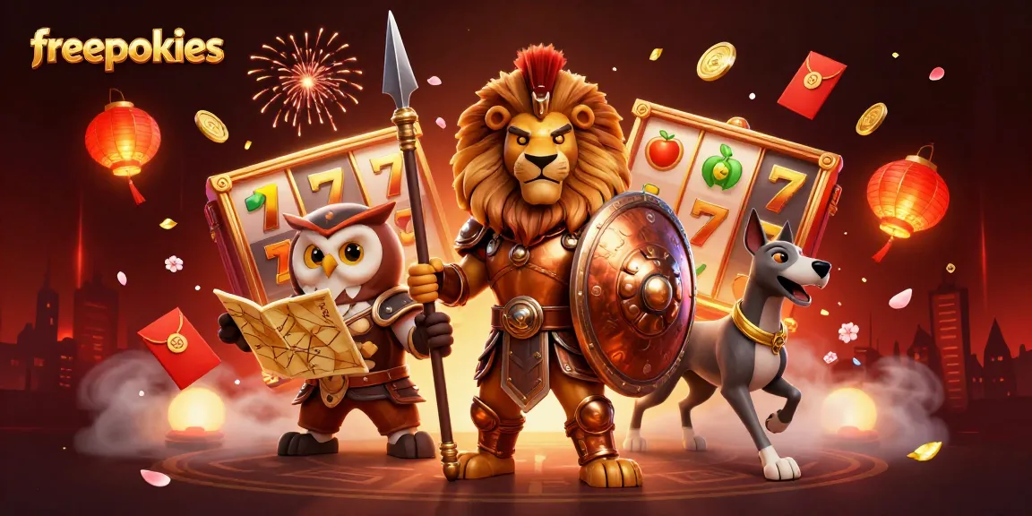 Engage in exciting freepokies with vibrant 3D illustration of casino elements and characters.