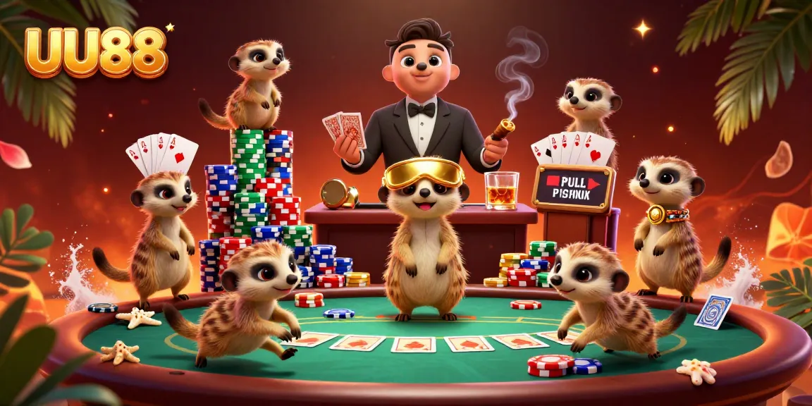 Experience the excitement of UU88's casino operations with meerkats arching over poker tables filled with chips.