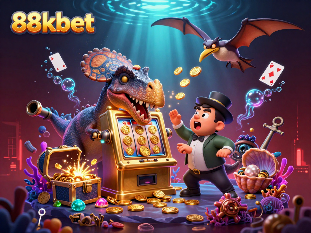 88kbet jackpot scene with a dinosaur winning coins from a slot machine, creating a vibrant casino atmosphere.