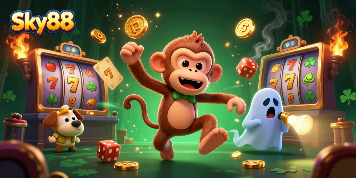 Sky88 slots game illustration with a playful poltergeist, ghost-hunter puppy, and stunning casino elements.