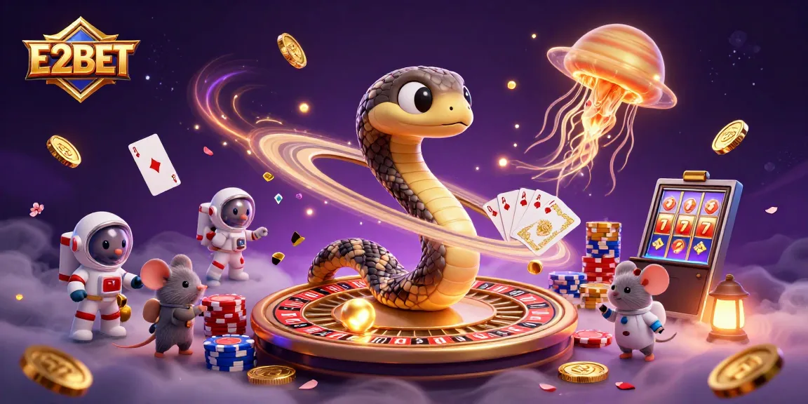 E2BET showcases a cosmic gaming scene with a Saturn ring snake and astronaut mice betting in a lively casino