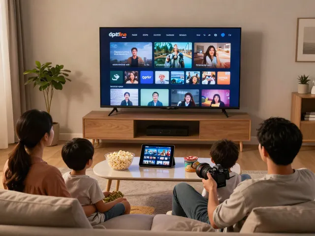 Family enjoying movie night with digitaline iptv on large TV in cozy living room.