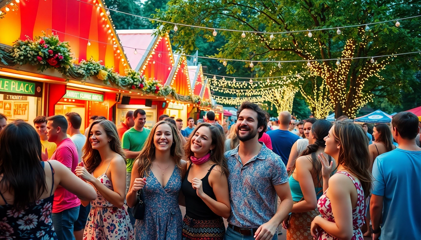 Celebrate Manchester NH local events at a lively summer festival with friends dancing and colorful booths.