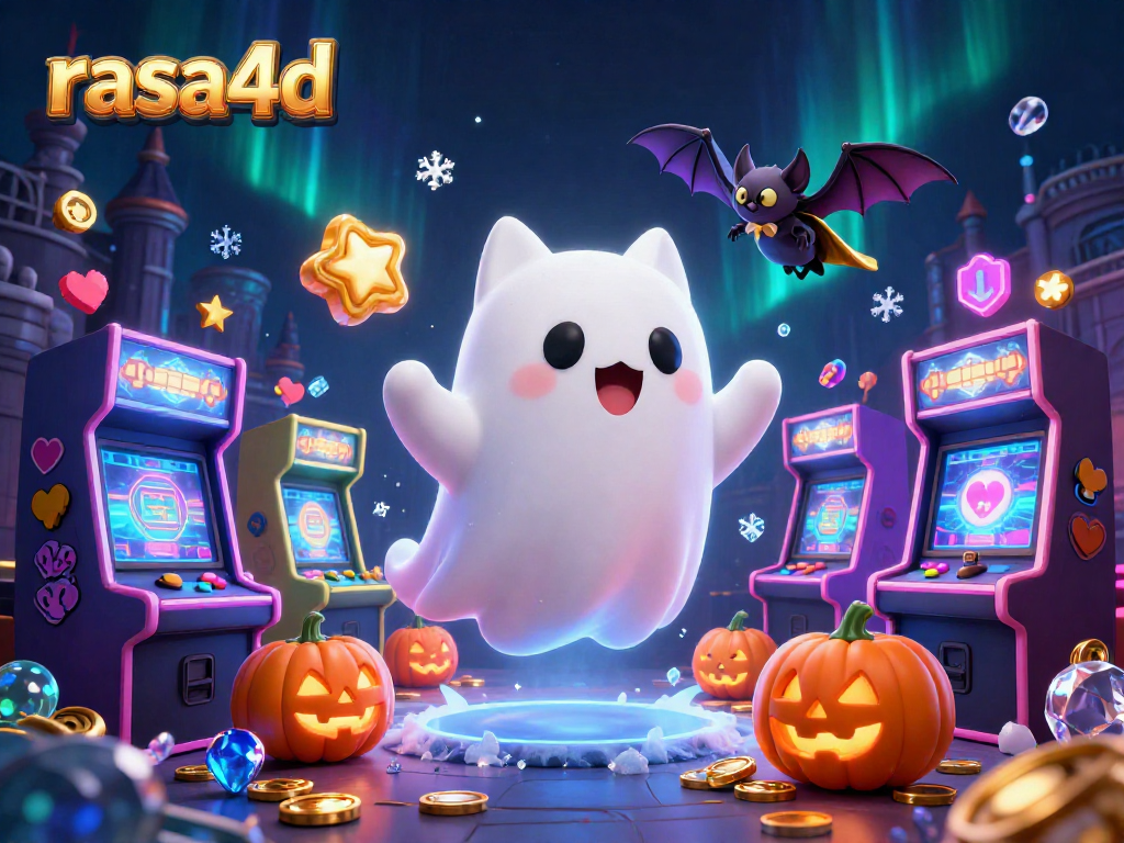 Rasa4d menghadirkan kucing hantu lucu dengan mesin slot dan simbol poker ceria memeriahkan suasana kasino.