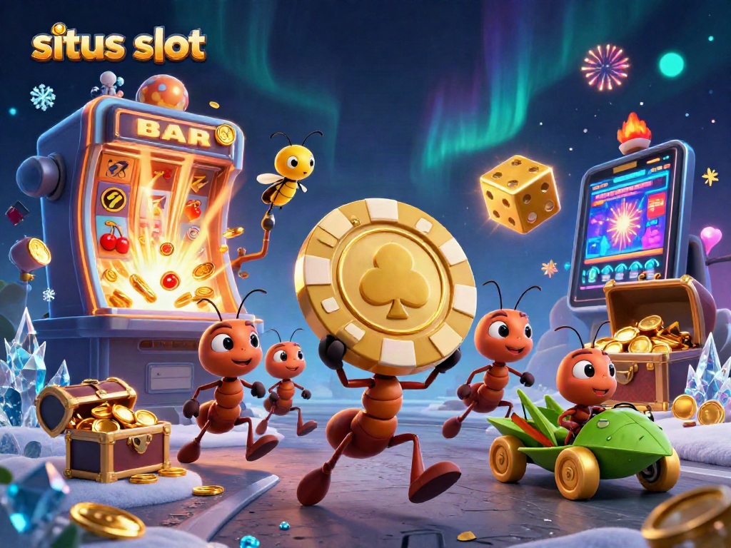 Experience the excitement of situs slot with 3D animated ants carrying a golden poker chip in a vibrant casino heist scene.
