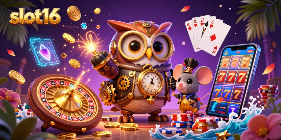 Engage with slot16's vibrant casino adventure featuring a steampunk owl and dynamic gaming elements.