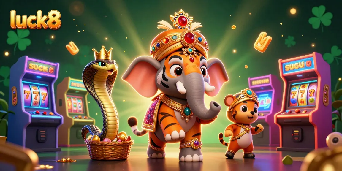 Experience the thrill of luck8 and casino gaming with a vibrant 3D illustration of a majestic maharaja tiger and friends.