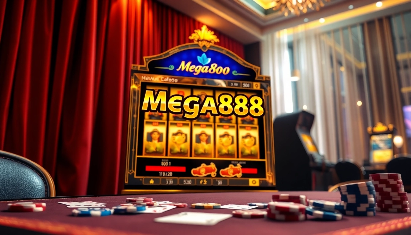 Mega888 latest version slot machine in a luxurious casino setting with casino chips and cards.