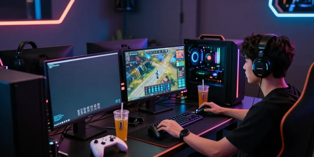 Engaging gamer experiencing singatoto gameplay in a high-tech setup.
