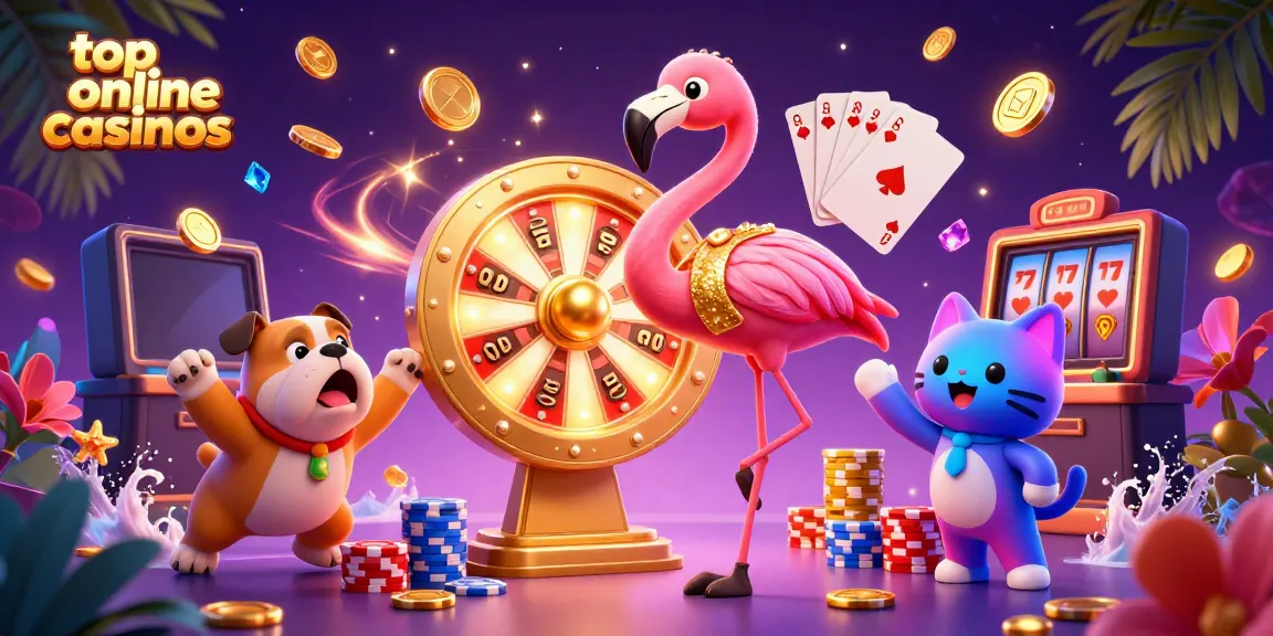 Experience the excitement at top online casinos with our vibrant game show scene featuring a flamingo host.