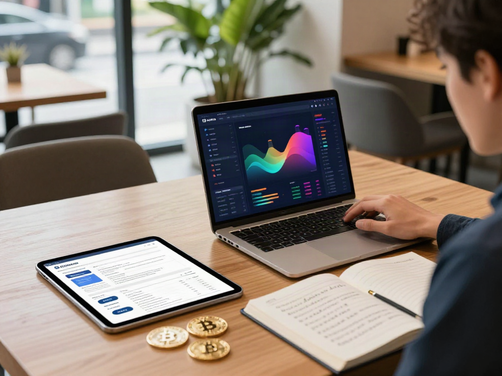 金融数据接口 illustrated in a professional crypto workspace with trading charts, laptop, and digital assets.