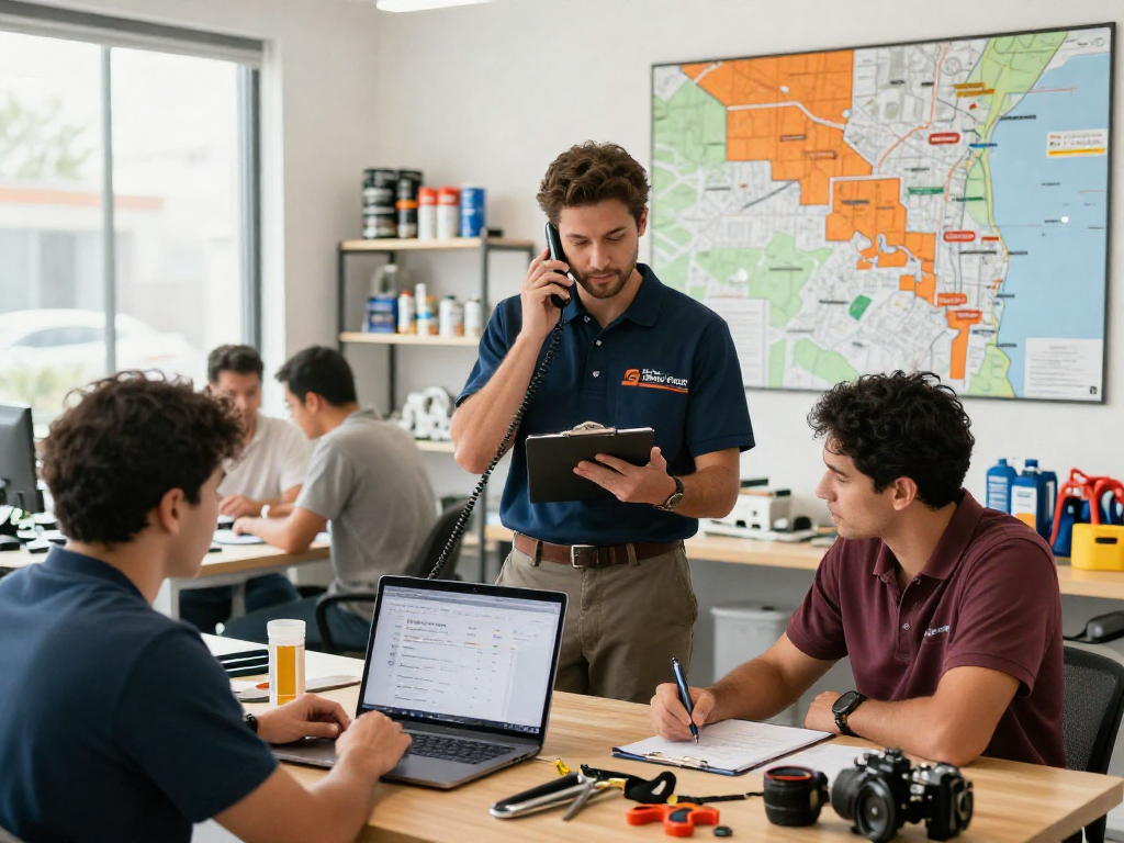 Orange County SEO company strategy session with home-service technicians collaborating over local market analytics.