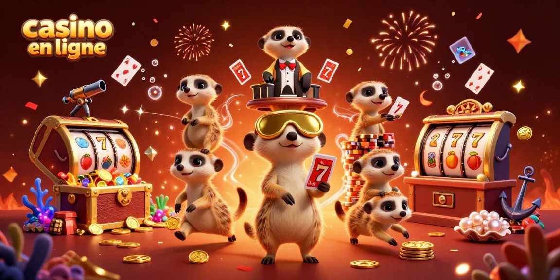 Casino en ligne : meerkats gérant une opération de casino dynamique avec des éléments de jeu sous-marins colorés.