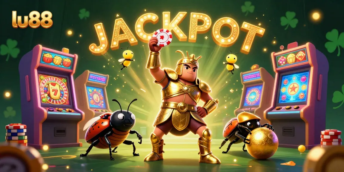 Experience winning thrills with lu88 in a vibrant 3D casino scene featuring a victorious beetle hero.