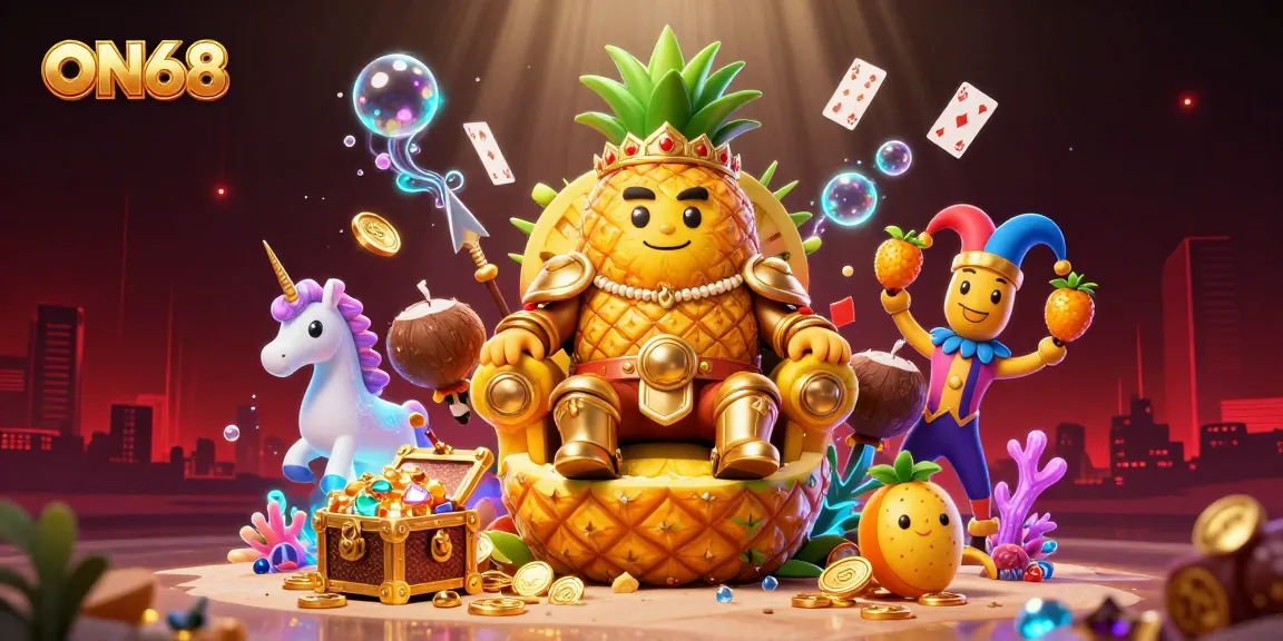 Experience the vibrant beach casino scene with ON68's golden pineapple king and treasure elements.