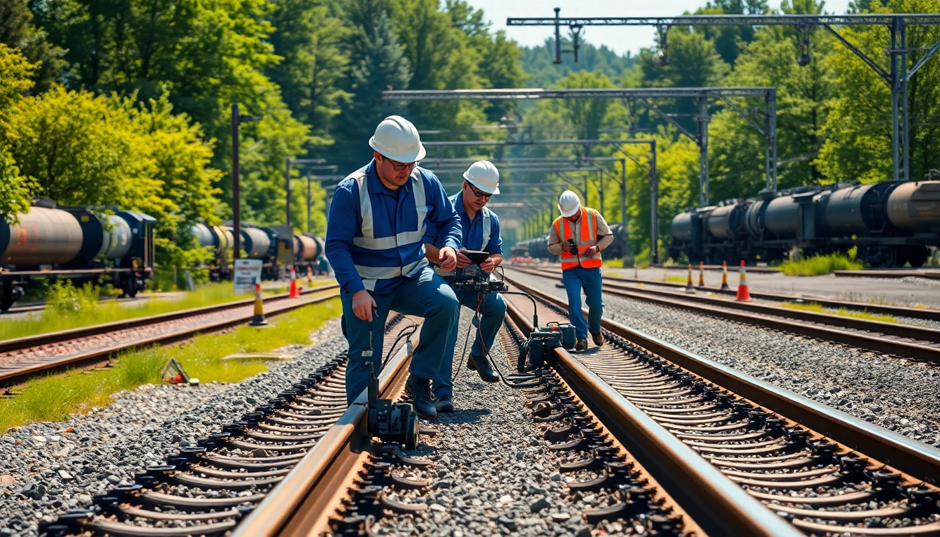 Workers performing Track Inpection with precision near a train, ensuring safety.