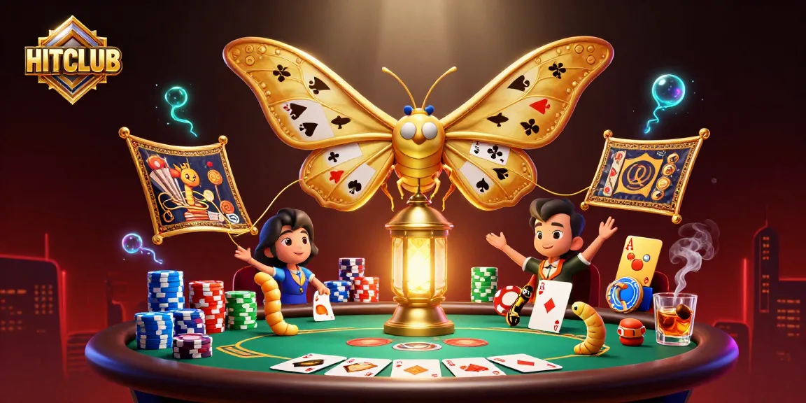Engage with HITCLUB's animated casino scene featuring a vibrant moth and poker tableau.