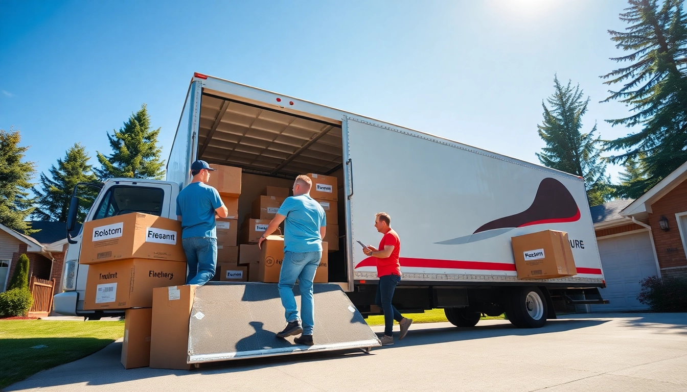 Engaged moving services edmonton team efficiently loading a truck in a sunny residential setting.