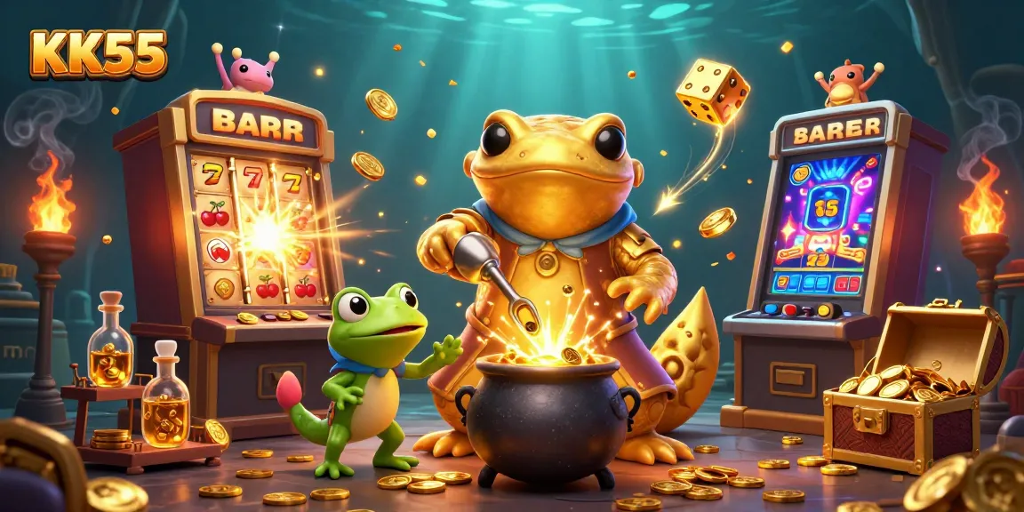 Experience magical wins at KK55 with golden alchemists and dynamic casino elements in a captivating illustration.
