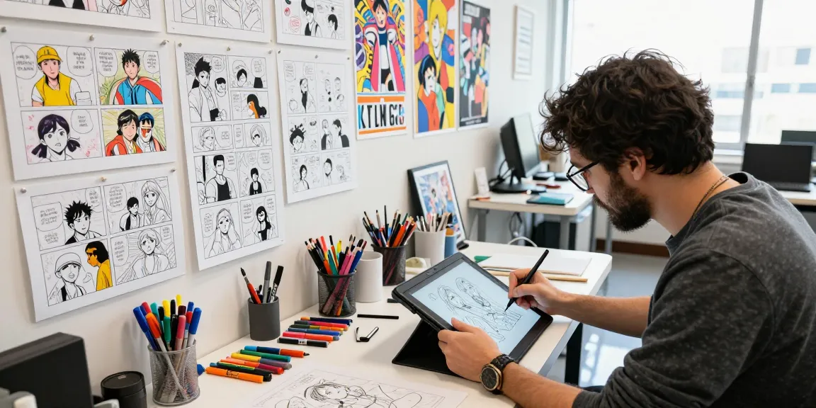 Creative artist in a lively comic studio at doujinhentai-th.com sketching vibrant characters.