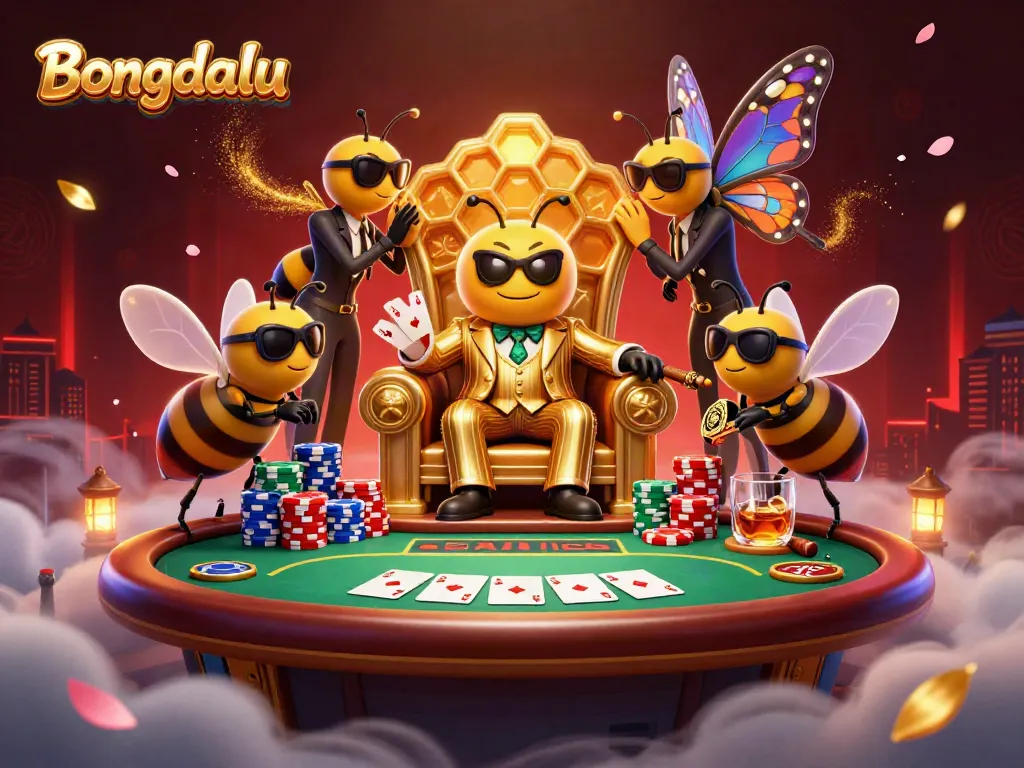 Bongdalu features a vibrant 3D cartoon scene with a bumblebee mob boss surrounded by poker elements.