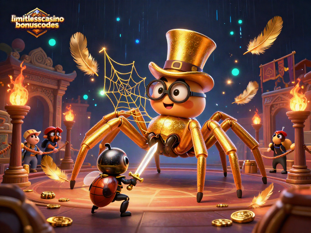 Experience limitlesscasinobonuscodes in action with a golden tarantula weaving casino magic and a brave beetle knight.