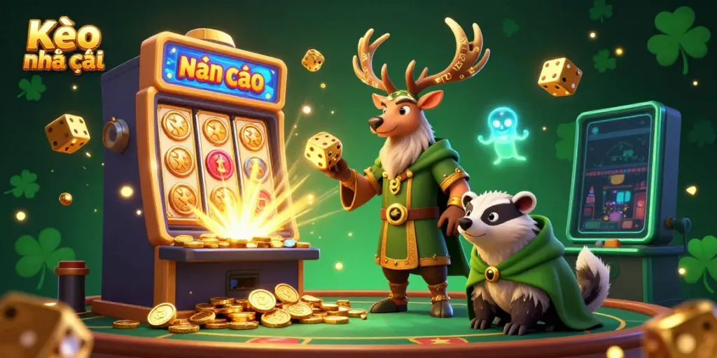 Engage with Kèo nhà cái's thrilling atmosphere as the dazzling slot machine bursts with treasures, featuring rich characters and dynamic game elements.